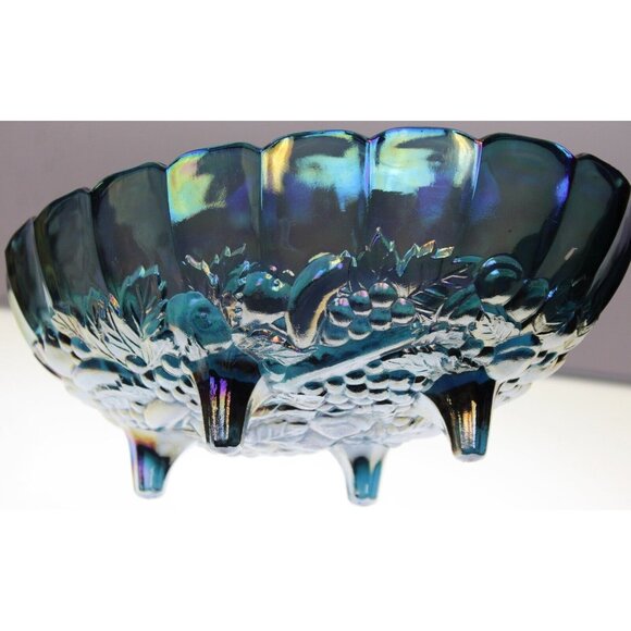 VTG Indiana Carnival Glass Blue Grapes Footed Harvest Fruit Bowl Iridescent - Picture 9 of 10